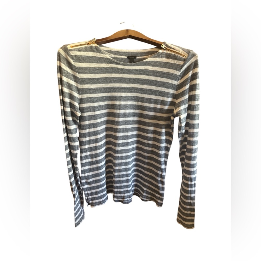 J. Crew Gray & White Striped Long Sleeve Tee Zipper Shoulder Accents Size Small